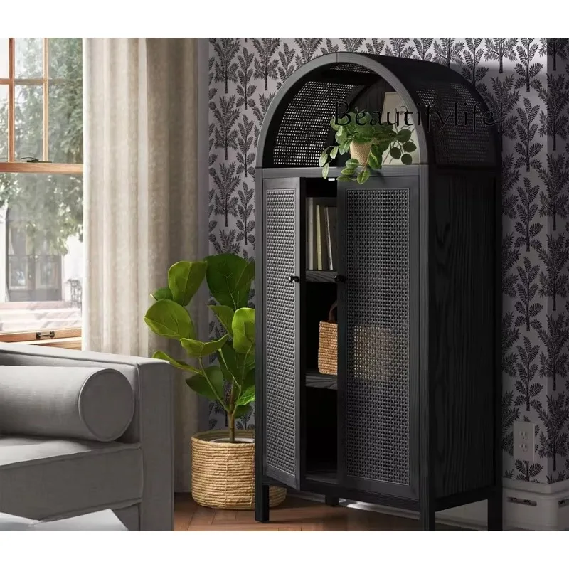 X36 Luxuriöses Geflochtenes Rattan-Bogenregal Modernes Einfaches Aufbewahrungsregal Französischer Ländlicher Retro Massivholz-Vitrinenschrank