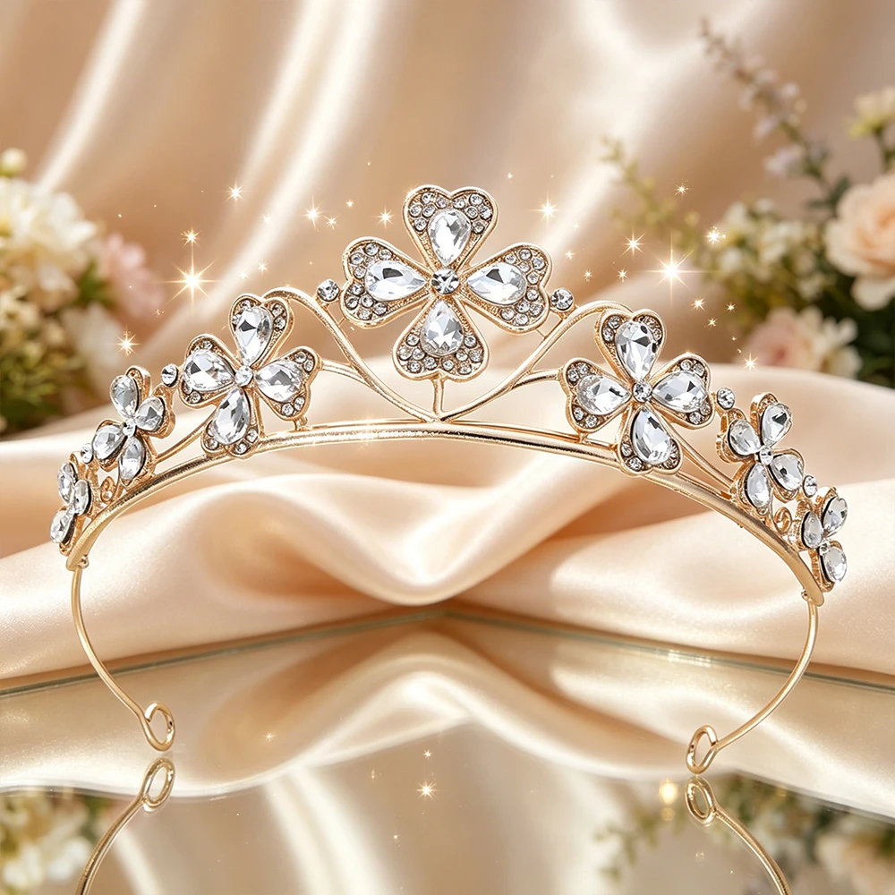 Four Leaf Clover Crystal Bridal Tiara Sparkling Lucky Floral Queen Crown Elegant Vintage Headpiece Wedding Birthday Events