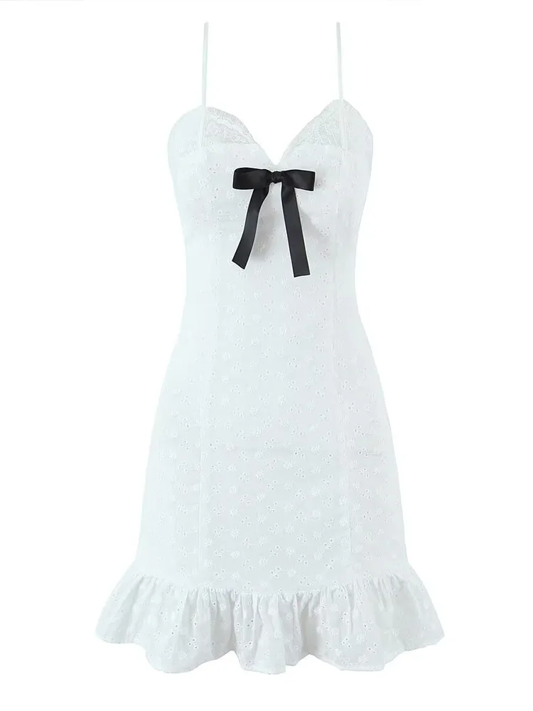 HH Abito Estivo da Donna 2026 Nuovo Stile Dolce con Fiocco e Pizzo, Mini Abito Senza Maniche Sexy con Schiena Scoperta