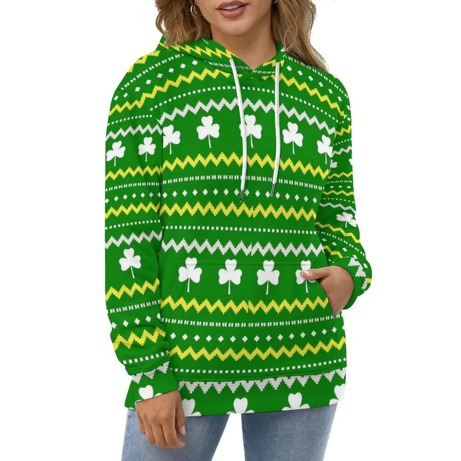 

St Patricks Day Hoodies Fair Isle Shamrock Korean Fashion Oversized Hoodie Women Long-Sleeve Y2k Design Casual Sweatshirts