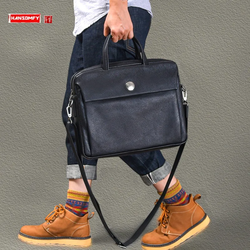 

Urban Business Commuter Men Bag Vegetable Tanned Leather Boys Cowhide Leather Briefcase Retro Style Shoulder Handbag