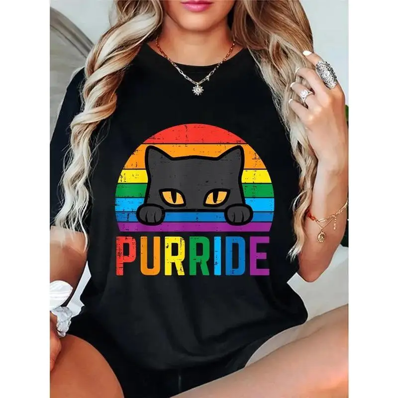 

Women's Purride T-shirt Funny Rainbow Cat Graphic Tee LGBTQ+ Pride Slogan Top