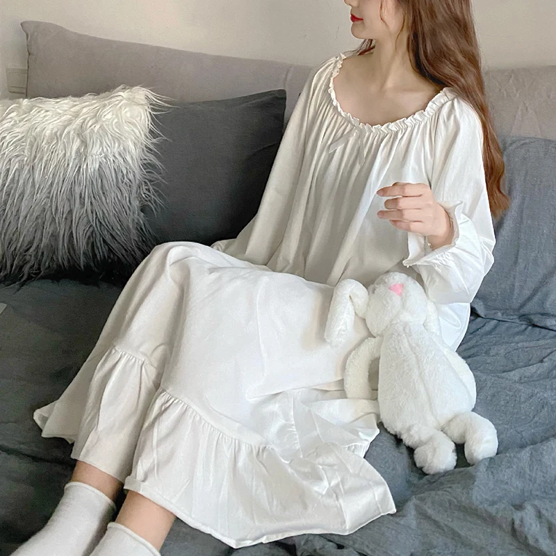 Cotton Nightgowns for Women New Long Sleeve Night Dress Large Size Loose White Nightdress Ladie\'s Casual Nightwear Nightshirt