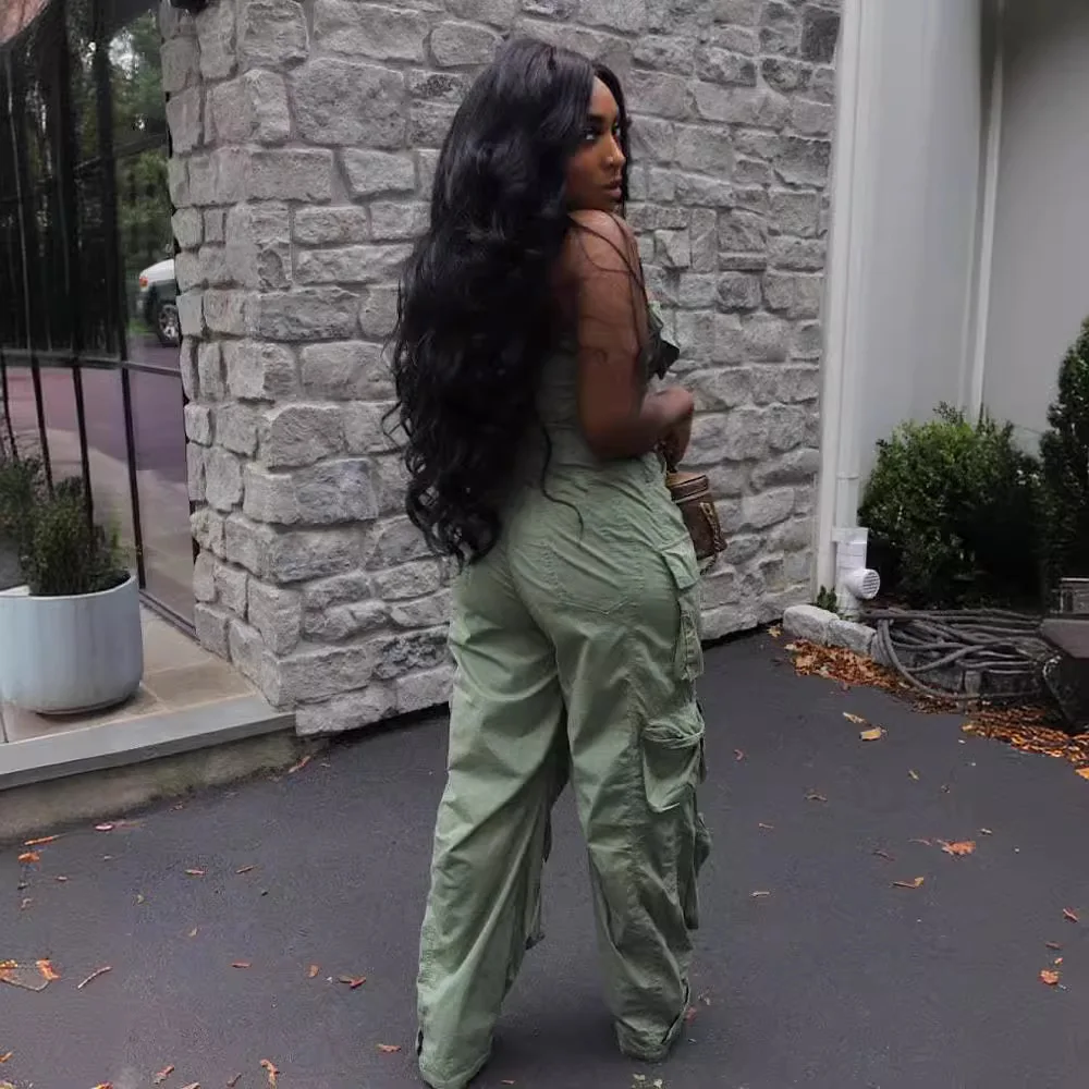 Jumpsuit Kerja Model Baru Seksi Tanpa Kancing Atasan Tube Top Slim Pinggang Tinggi Multi-Saku