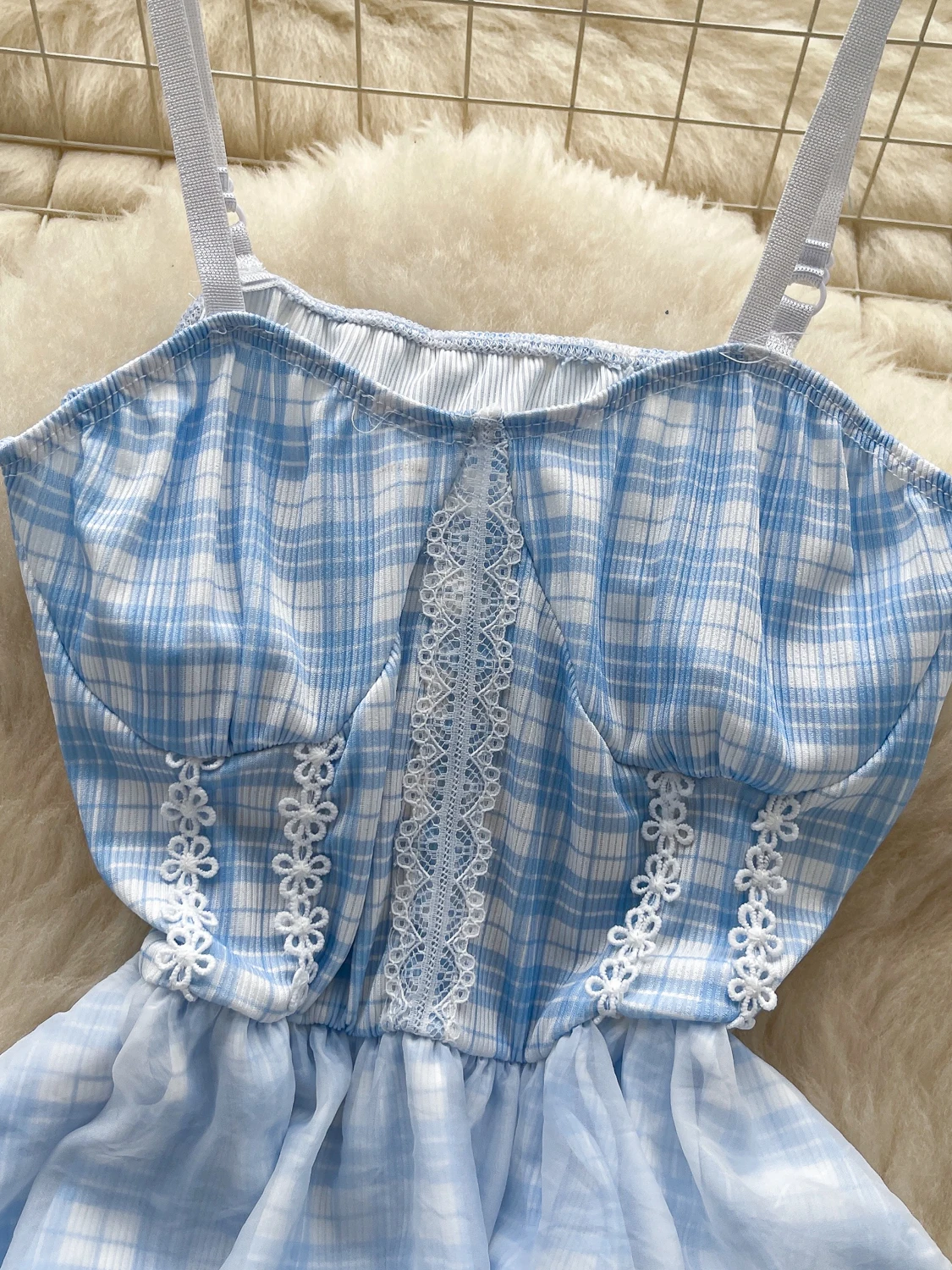 ドーパミン純粋な欲望チェック柄ストラップレスレース背中の開いたサマードレス女性のメッシュスカートハイウエスト A ラインショートドレス韓国スタイル