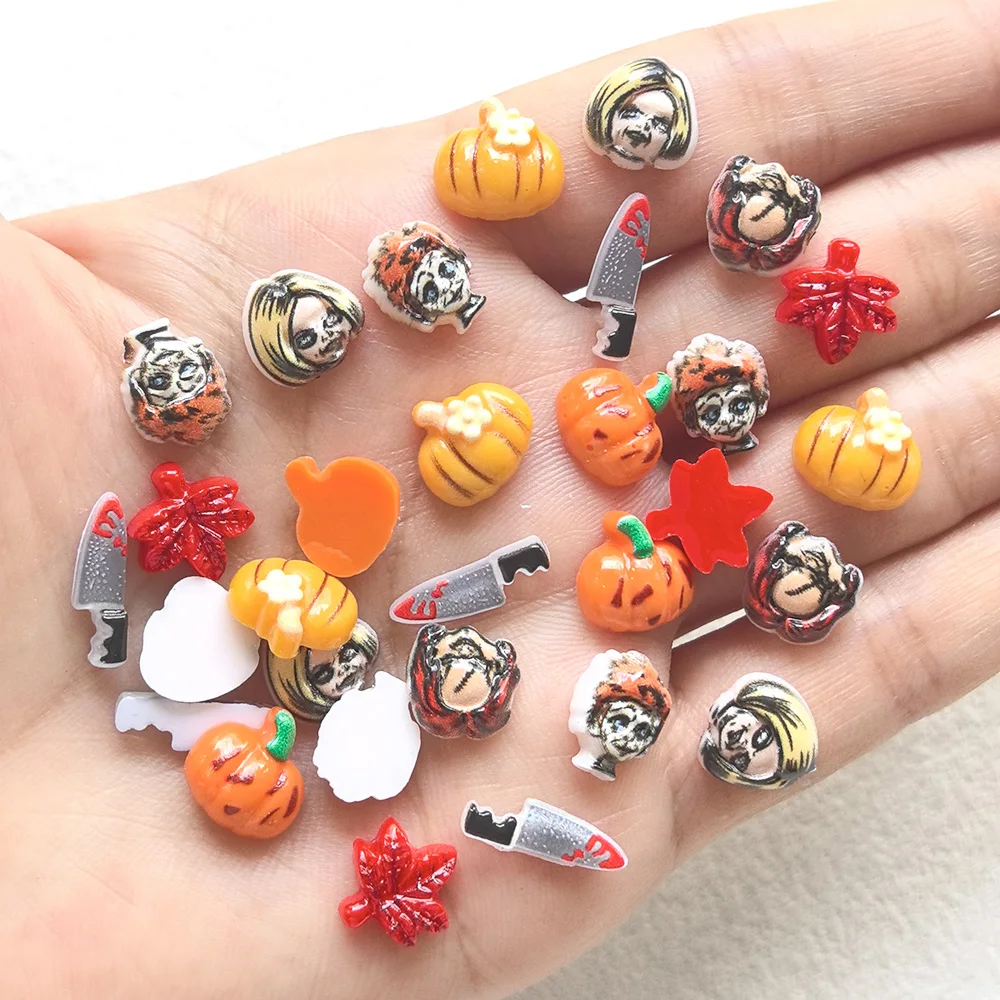 50 Stück 4-14MM Strass-Verzierte Harz-Halloween-Kürbis-Grimassen Nagelkunst-Zubehör Charms für DIY-Maniküre Nageldekoration – Detail 9
