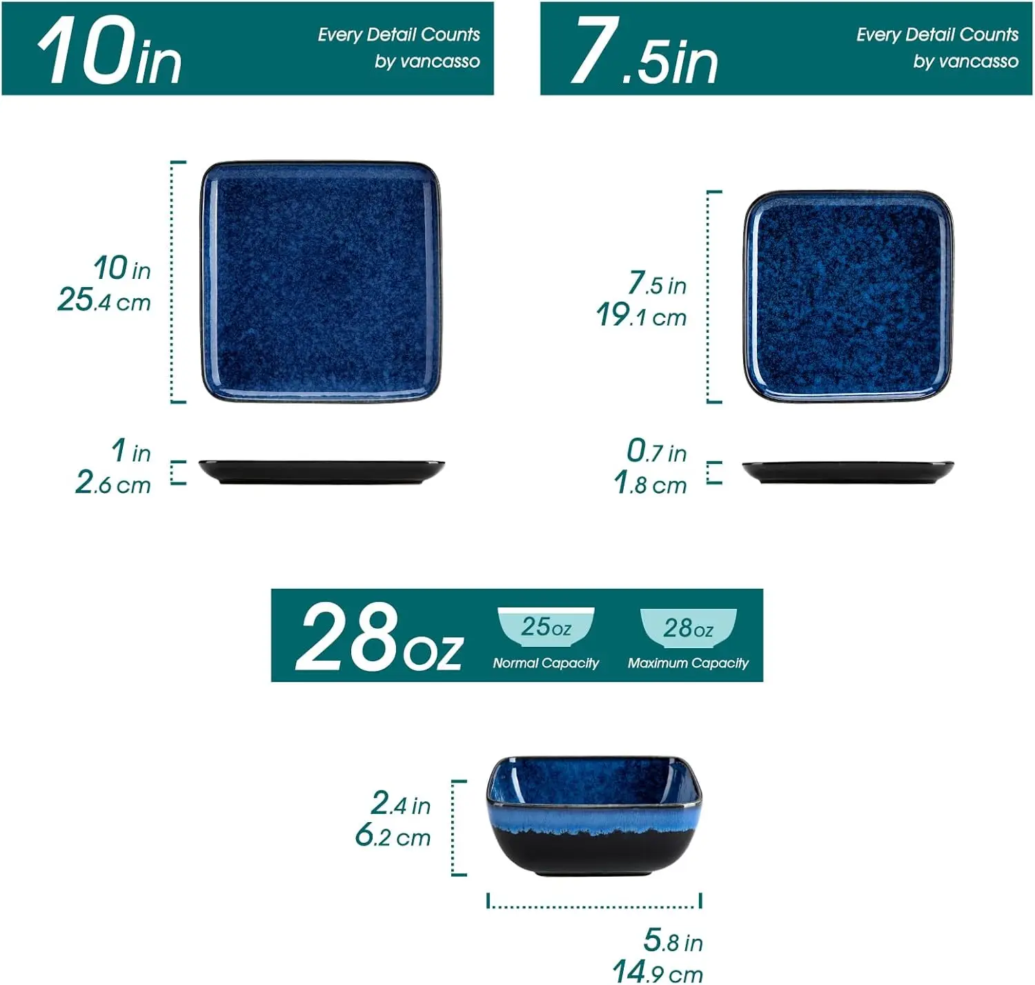 

Stern Blue Dinner Set Square Reactive Glaze Tableware 12 Pieces Kitchen Dinnerware Stoneware Crockery with Plate,