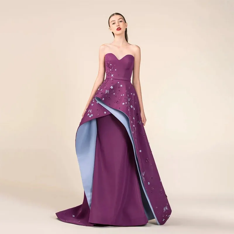 

Elegant A-Line Overskirt Prom Dresses Strapless Formal Dress Sweep Train Satin 3D Appliqued Evening Gowns