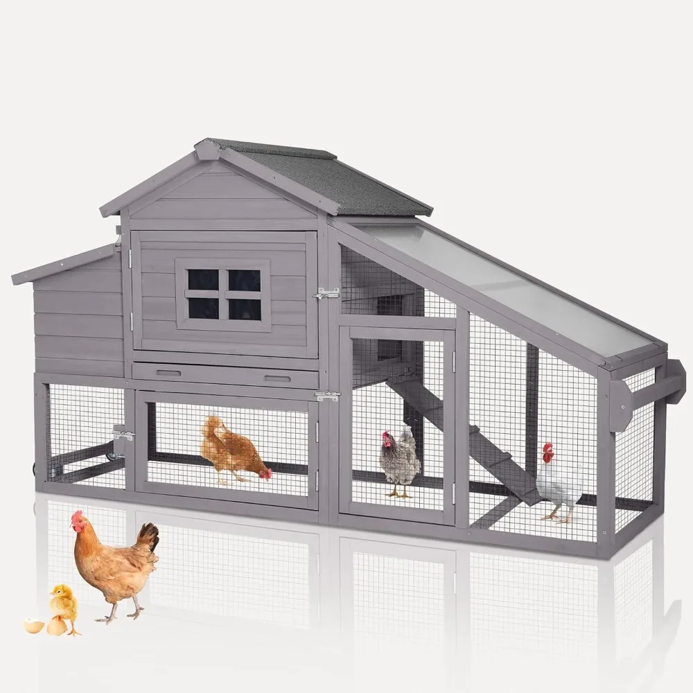 

Chicken Coop Outdoor with Wheels and Nesting Box, Mobile Hen Duck House Wooden Poultry Cage with Run