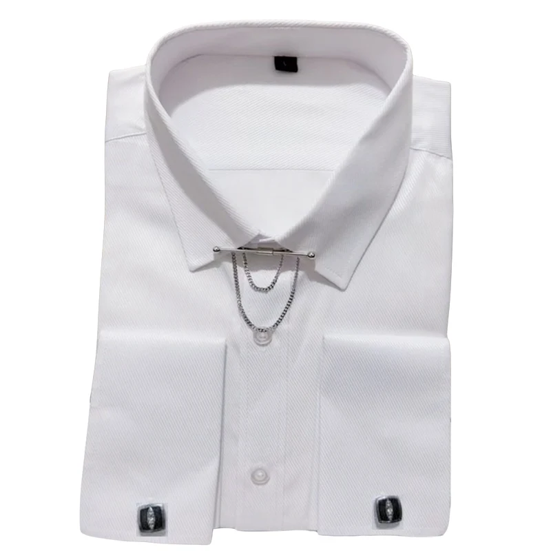 High-end Non-damaging Clothing Collar Pin Lavalier Men's Social French Cuff Dress Shirt Long Sleeve Party Wedding Formal Blouse