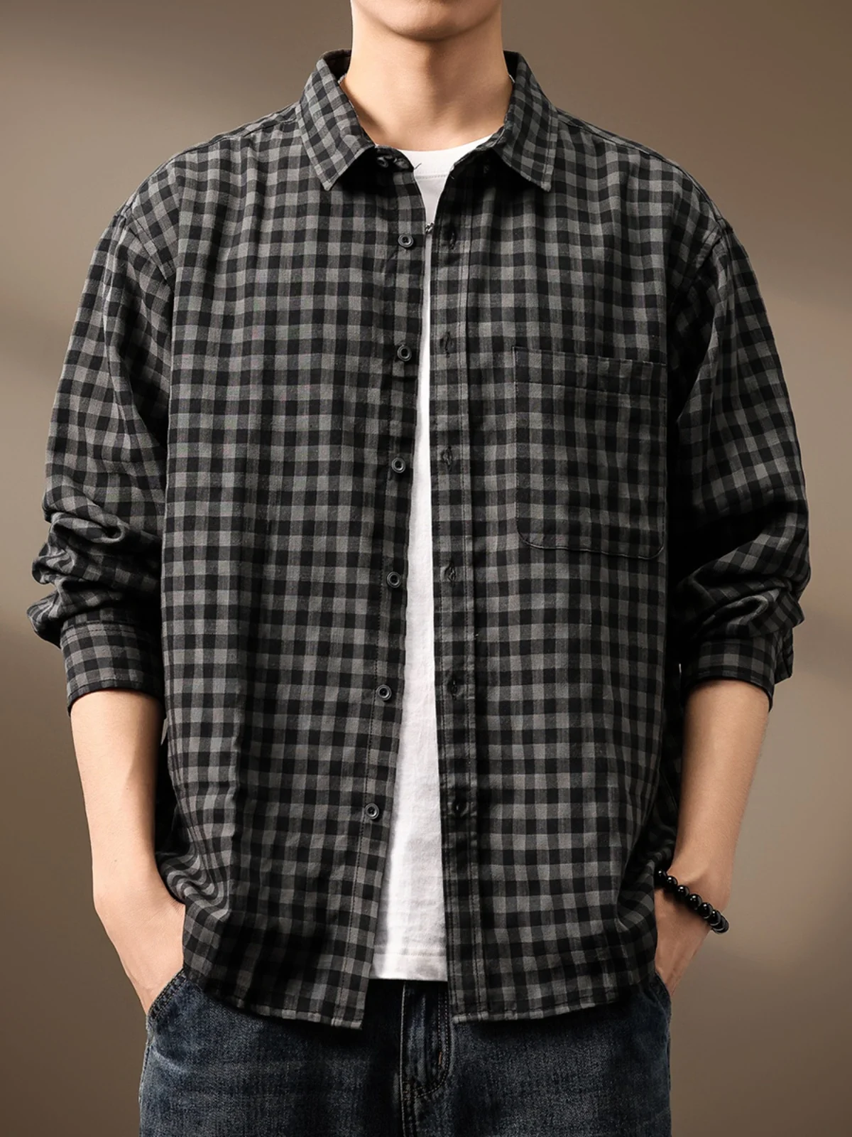 

Retro American Workwear Plaid irt Men's Loose Casual Versatile Outerwear Autumn New Sle Faion Brand Men's Long Sve B...