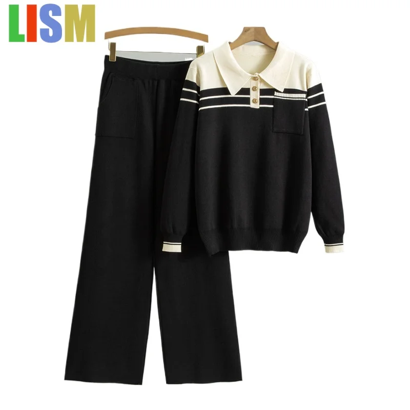 

LISM knitted 2 pieces set for woman 2025 vintage contrasting striped POLO collar long sleeved wide leg pants two-piece set