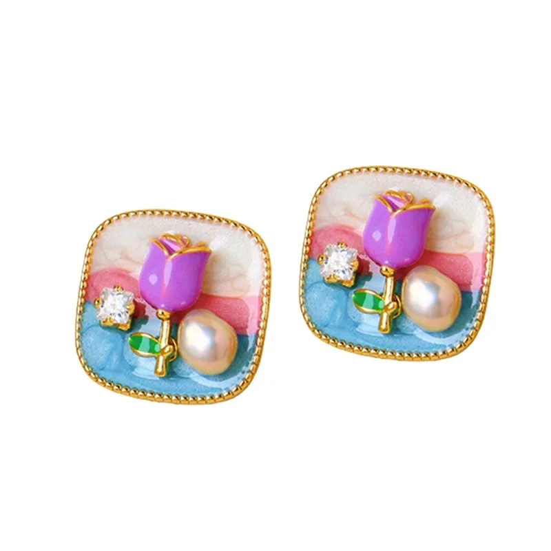 Women's Retro Color Drop Earrings Freshwater Pearl Rose Stud Earrings Fashionable All-match Oil Painting Ear Studs Jewelry Gift image 6
