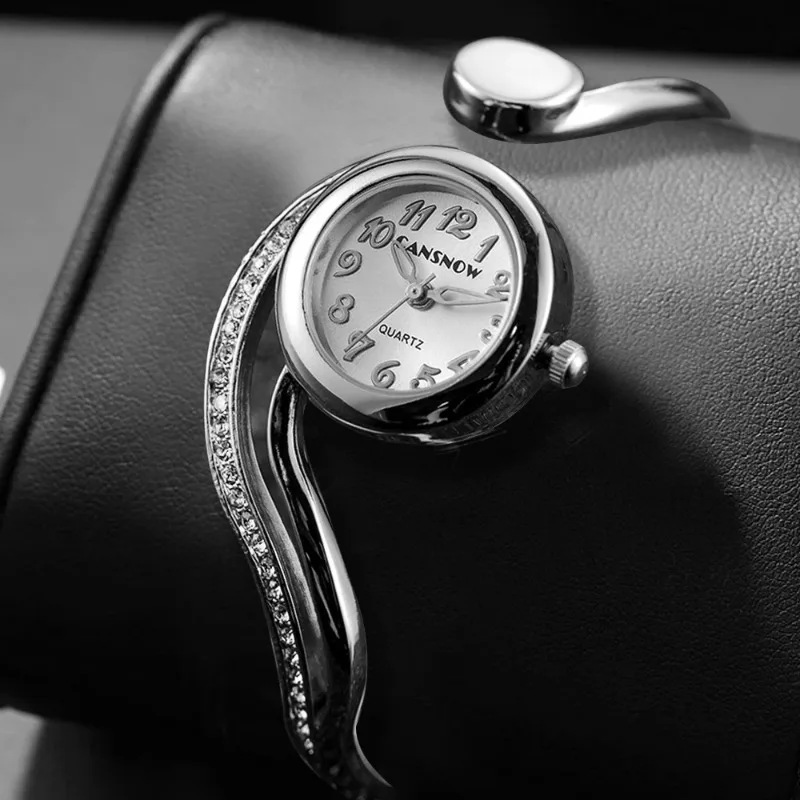 Elegant Women Quartz Watch Luxury Rhinestone Inlaid Open Cuff Bangle Bracelet Watch Fashion Dress Ladies Wristwatch Jewelry Gift