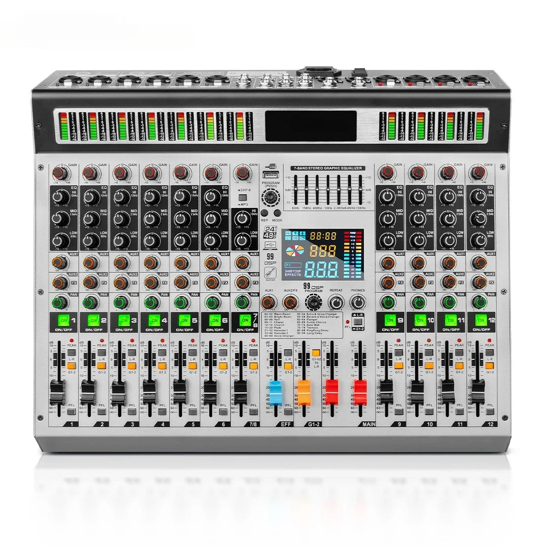 12-Channel Pro Audio Digital Mixer Mixer Console 99 DSP Mini Mixer Console with Bluetooth MP3 USB