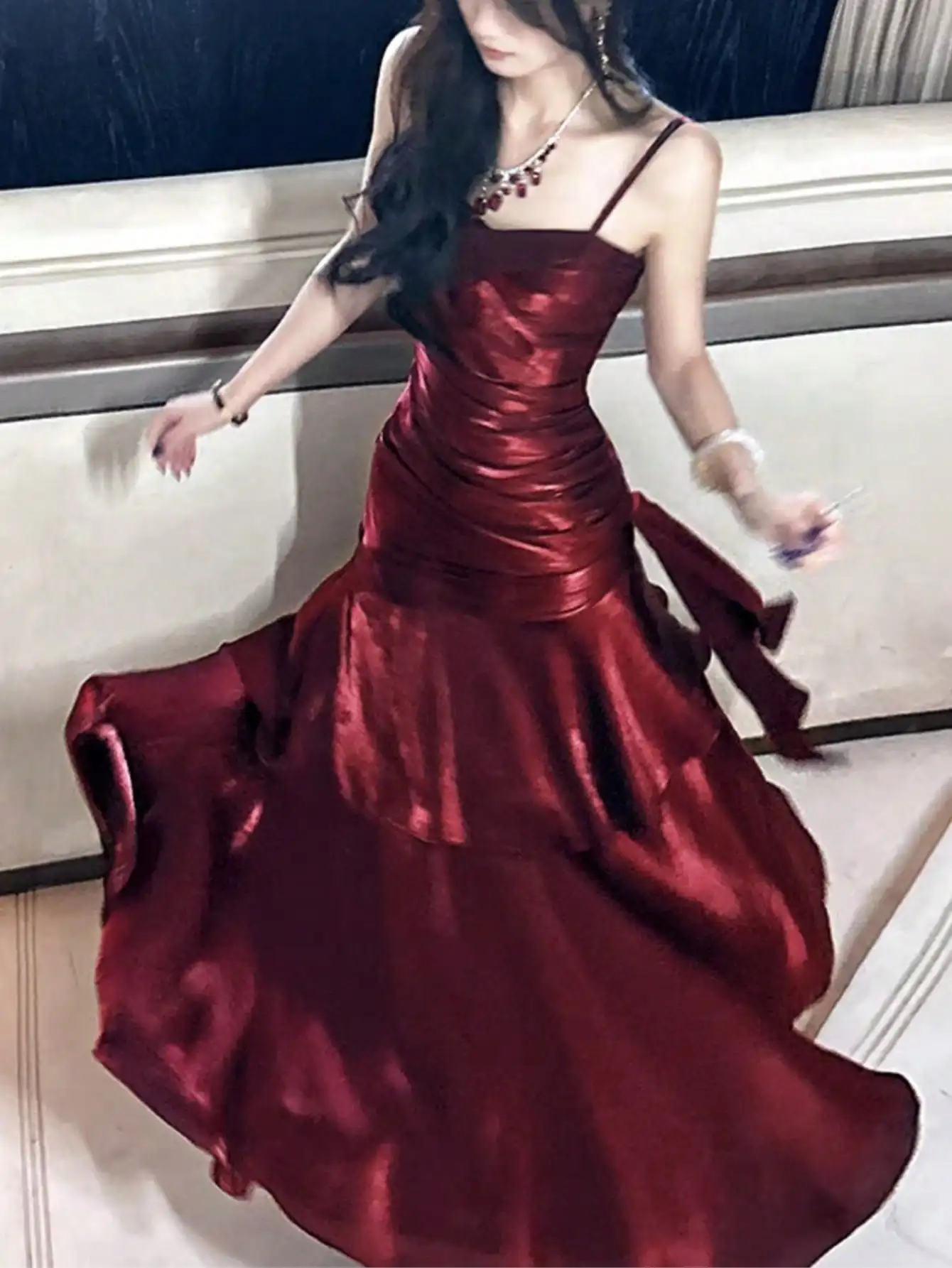 

Burgundy Satin Spaghetti Strap Mermaid Dress with Ruched Bodice and Ruffle Hem