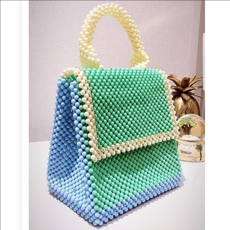 

Customized Beaded Bag 2024 Fashion Personalized Color Contrast Splicing Handheld Women's Bags Handwoven Large Capacity Handbag