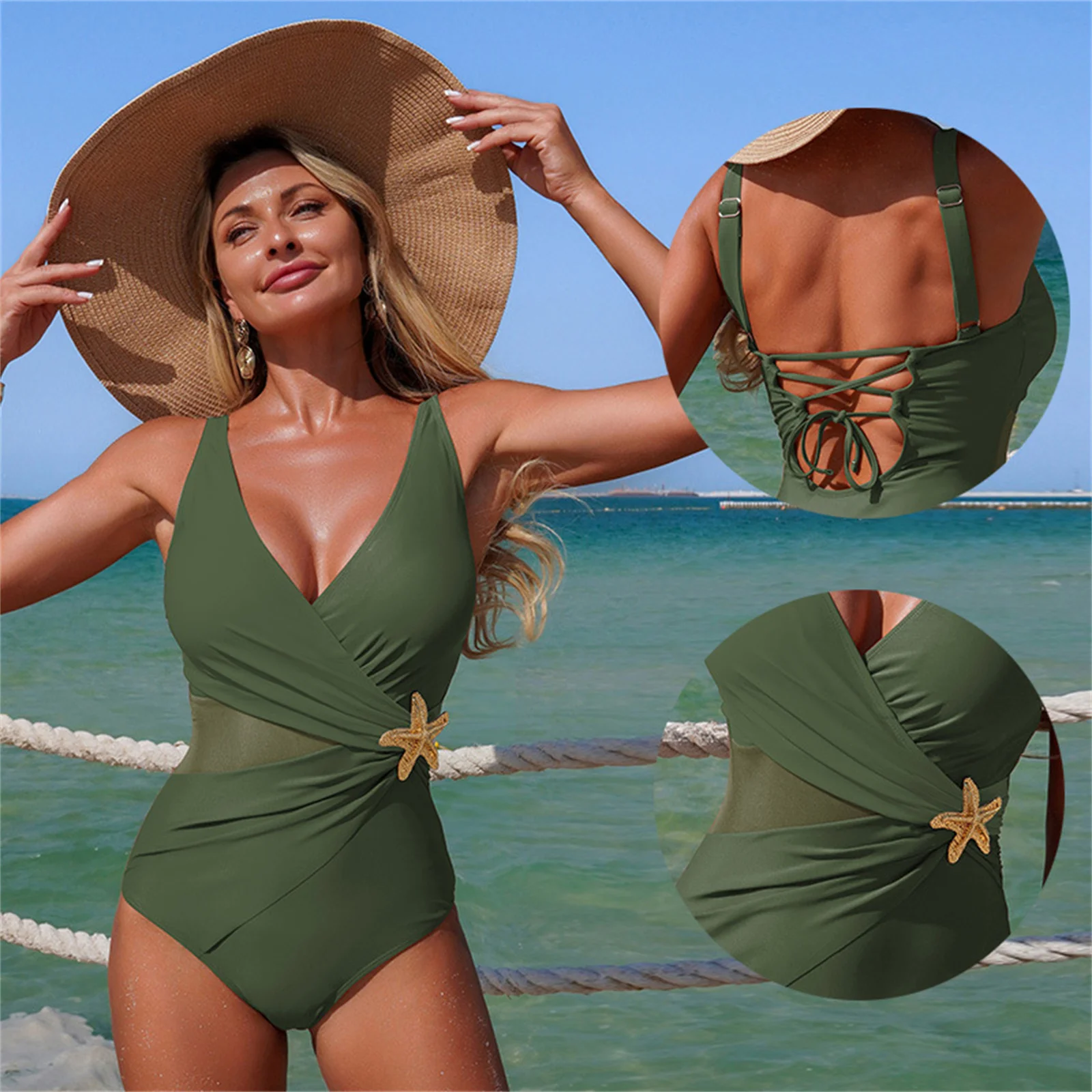 Summer Cross Front Starfish Decor Sexy Swimsuit Mesh Panel Crisscross Back Swimsuit Lace Up Tummy Control Ruched Bathing Suit