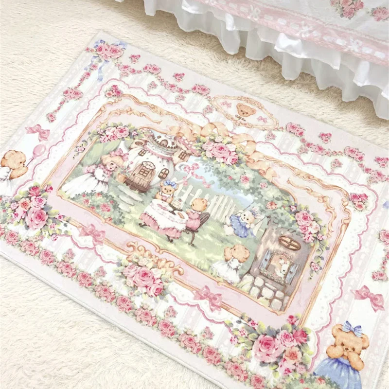 Bedroom Carpet Plush Bedside Rugs Pink Vintage Livingroom Carpet Floormat Bear Pastoral Rose Non-slip Doormat Home Decoration