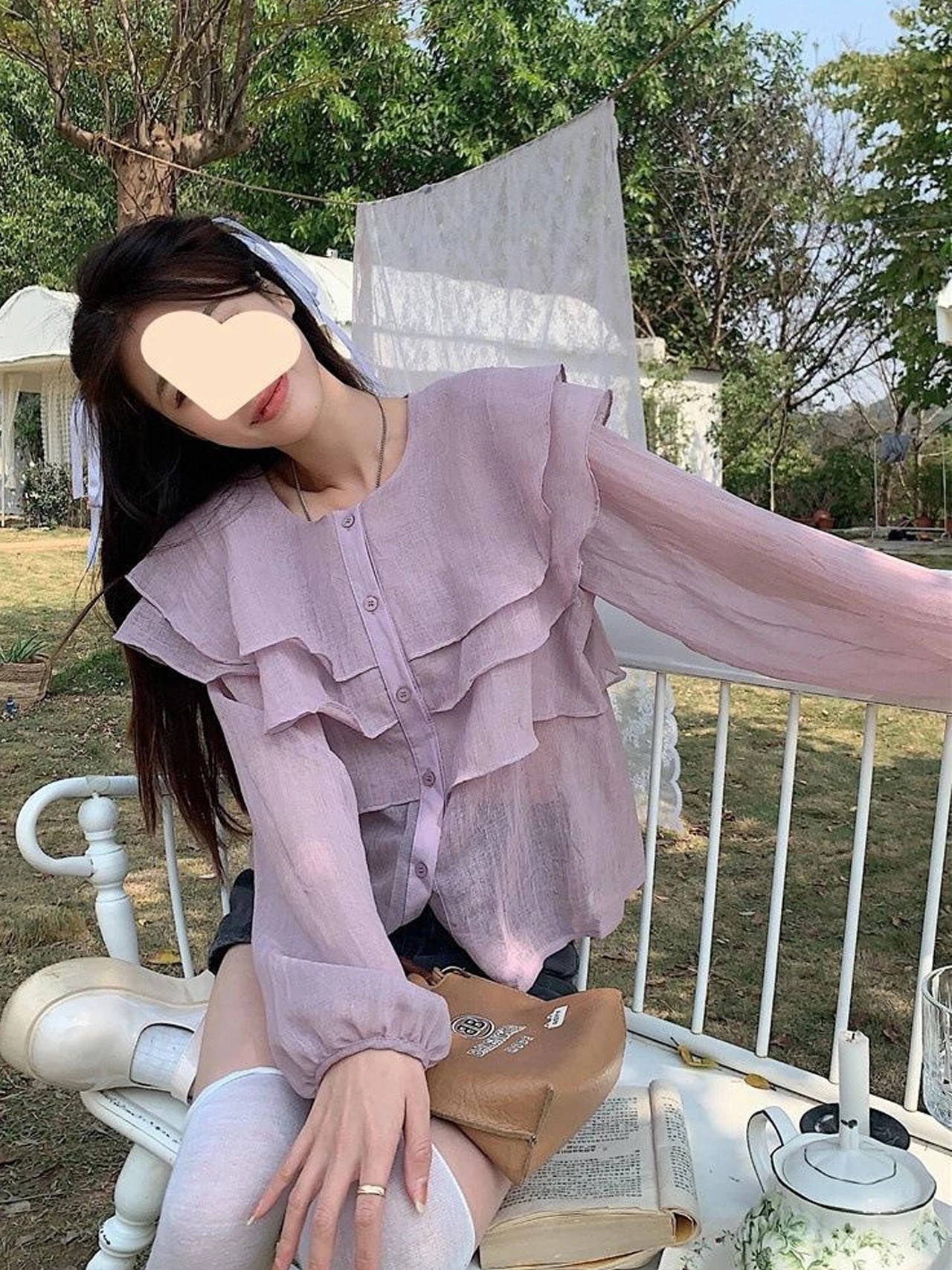 Chemisier en mousseline de soie violette pour femmes, rond, Base Ne irt, dentelle, lanterne Sve irt, pour les déplacements, Version coréenne, printemps 2023