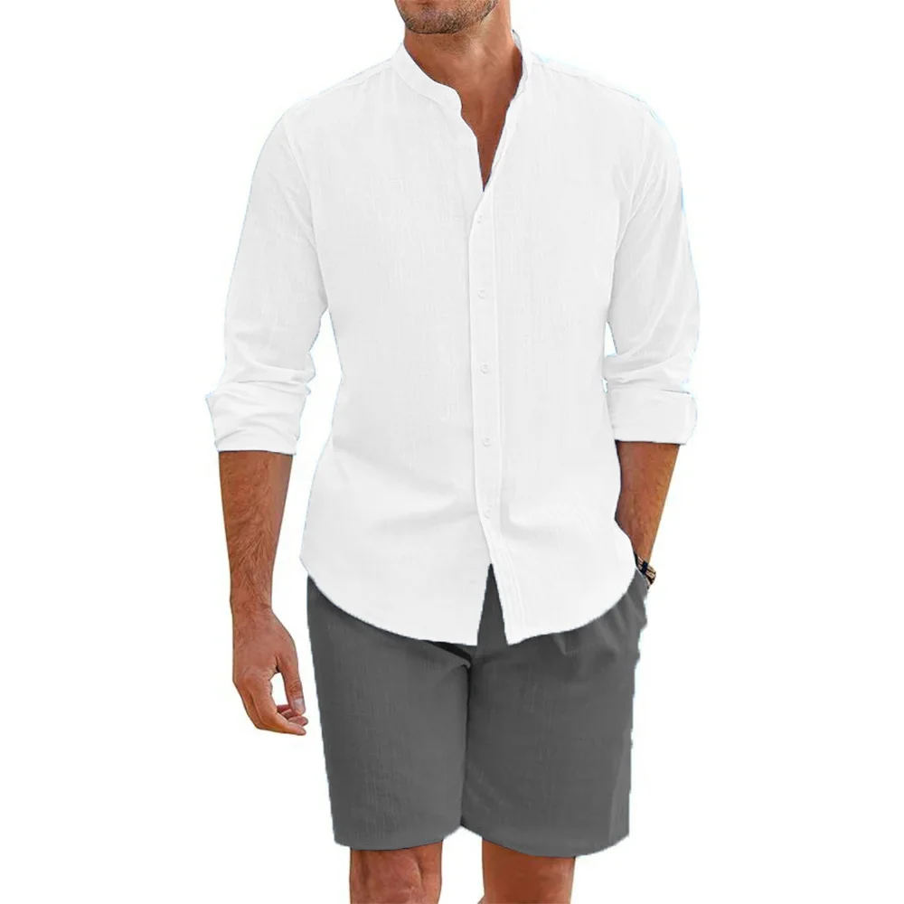 2 pcs Sets Men\'s Summer Cotton Linen Shirt and Shorts Cardigan Simple Casual Beach Shirts Comfortable Hawaii Wear