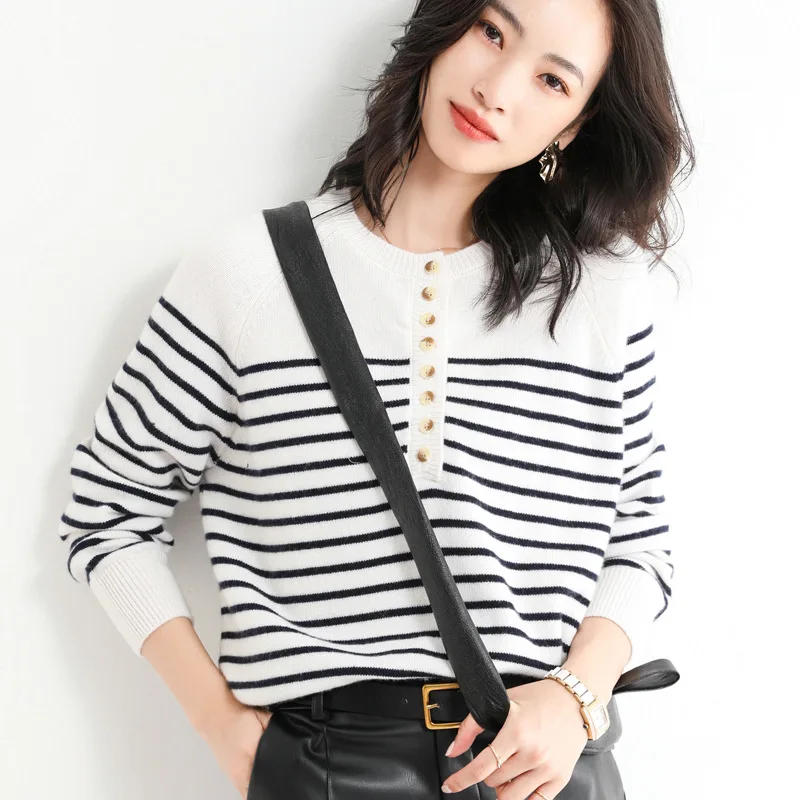 

Spring and Autumn Women's Round Neck Cashmere Sweater French Buttoned Horizontal Striped Long-Sleeved Pullover lazy Casual Knit