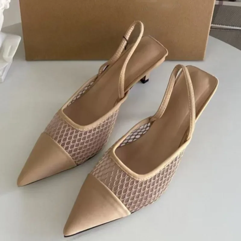 Elegant High Heel Sandals Woman 2025 Trending Pointed Breathable Mesh Lady Office Shoes Back Strap Summer Naked Female Stilettos