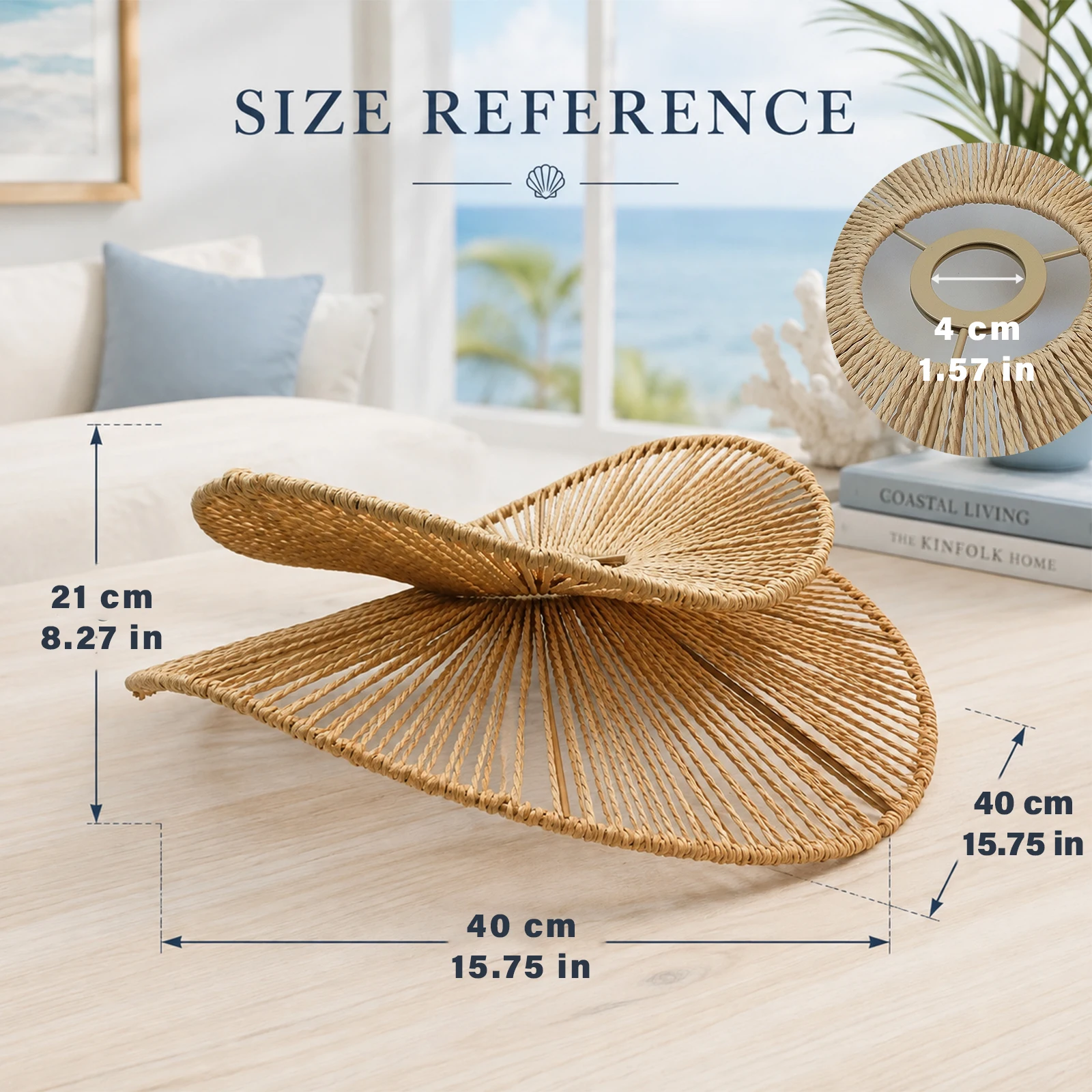 Hand‑Woven Rattan Leaf Lamp Shade, 2‑Tier Sculptural Wicker Replacement Lampshade for Pendant Light, Bohemian Coastal LightCover
