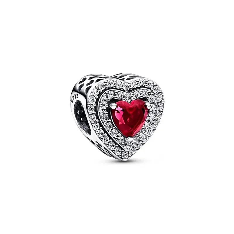 2024 925 Silver Sparkling Red Heart Halo Charm Pendant Fit Pandor Red Heart Bracelet Women Jewelry Diy Valentine's Day Gift