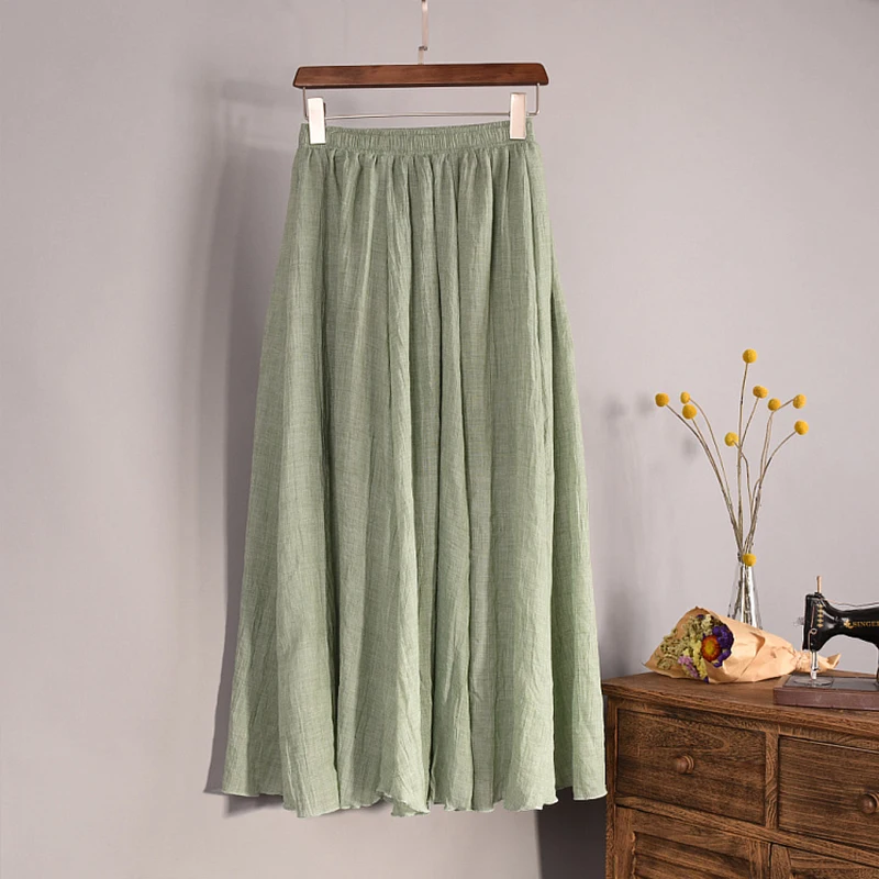 Women Long Skirt Mid-calf Casual Linen Summer Elastic Waistband One Size Expansion Hemline Lined Skirts All-match