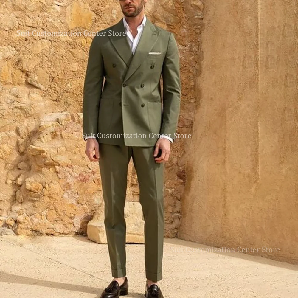 

Business Casual Suits For Men 2 Pieces Fashion Double Breasted Peak Lapel Office Work Grand Party Tailored Outfits Jacket Pants