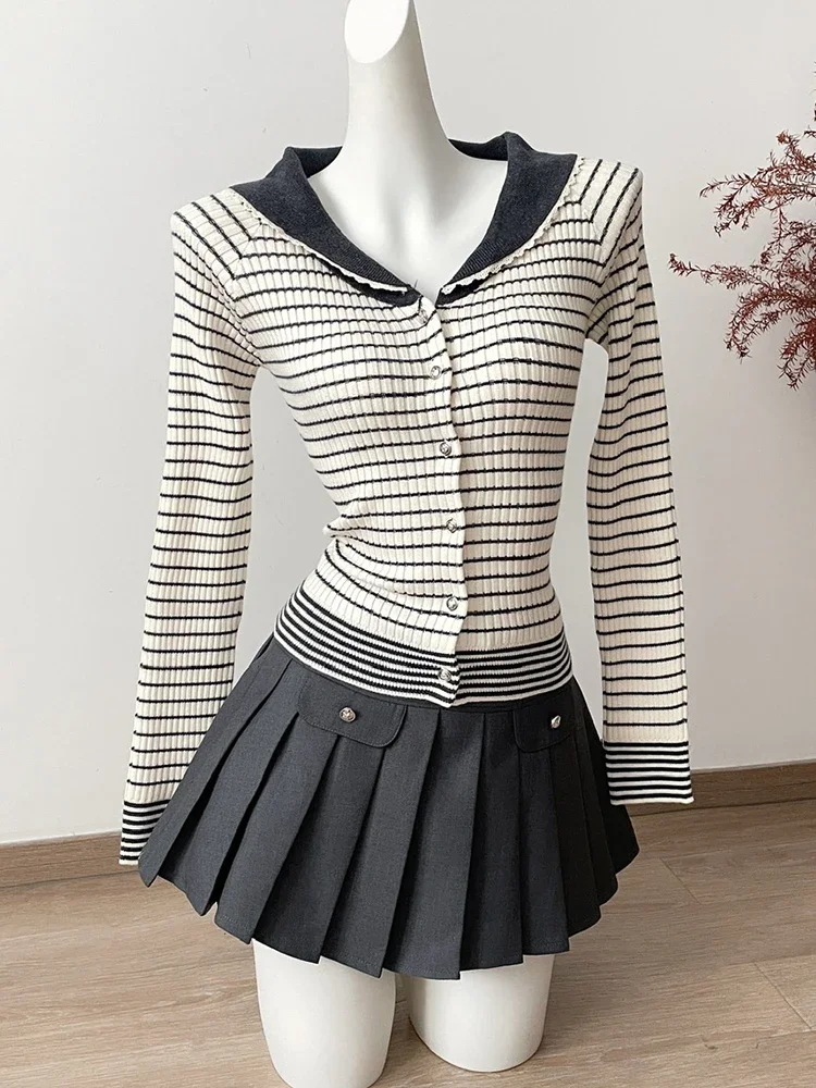 Winter Women Korean Fashion Cute Core Cardigan Knitwear Mori Girl Long Sleeve Striped Sweater Jumper 2000s Shoujo Jerseys Cozy