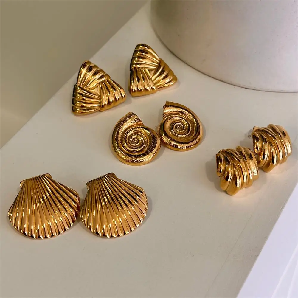 18K Gold Plated Geometric Conch Shell Texture Stud Earrings Triangle Irregular Arch Stainless Steel Hoops Punk Chic Ear Jewelry