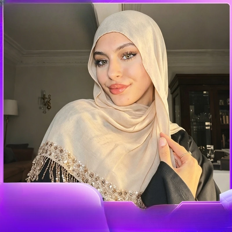 Sequin Tassel Chiffon Long Scarf, Multi-Color Available Hijab Headwrap, Party Banquet Outer Wrap Shawl with Fringes