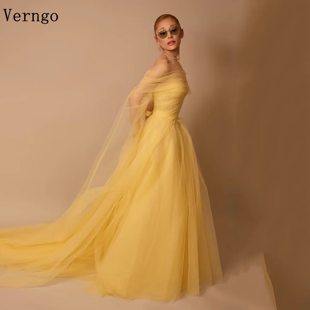 Verngo Yellow Tulle Evening Dress Off The Shoulder A Line Classic Prom Party Dress Sweap Train Wedding Party Dress Customized