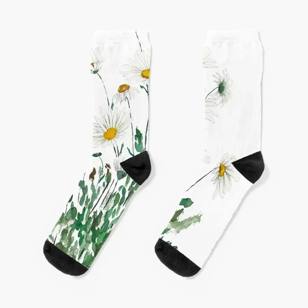 

white Margaret daisy watercolor Socks halloween cotton anti slip football Non-slip Socks Male Women's