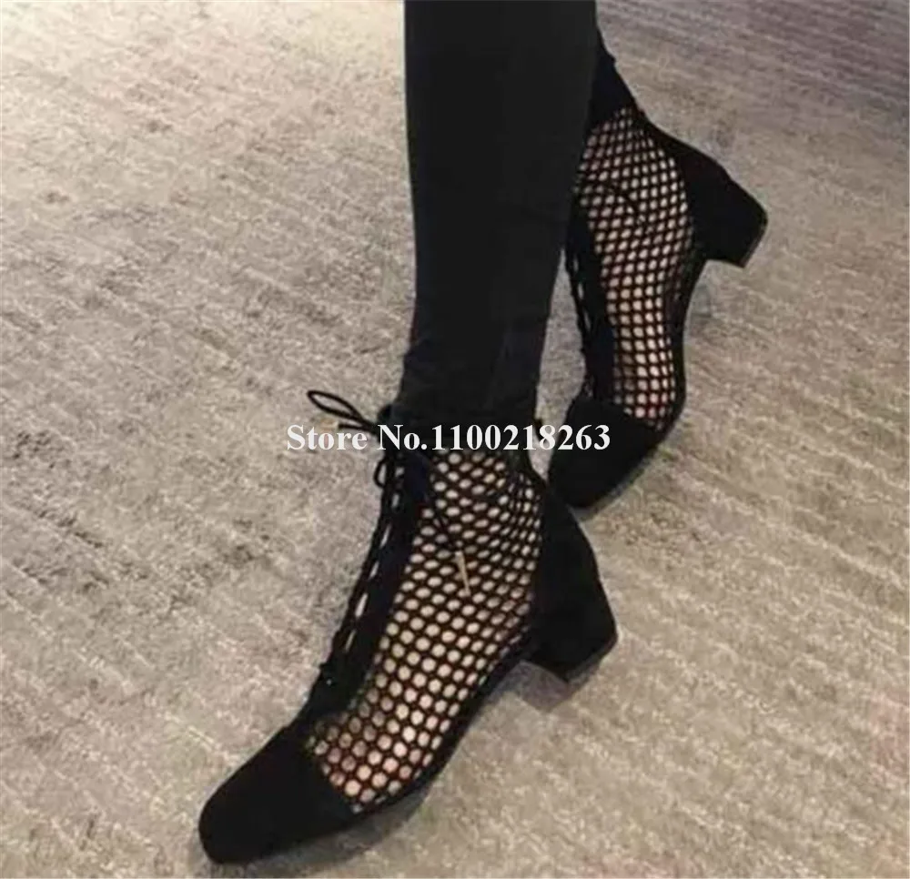 

Newest Women Mesh Short Boots Black Nude Suede Square Toe Cut-out Lace-up Low Heel Ankle Booties 3-5cm Thick Heel Boots