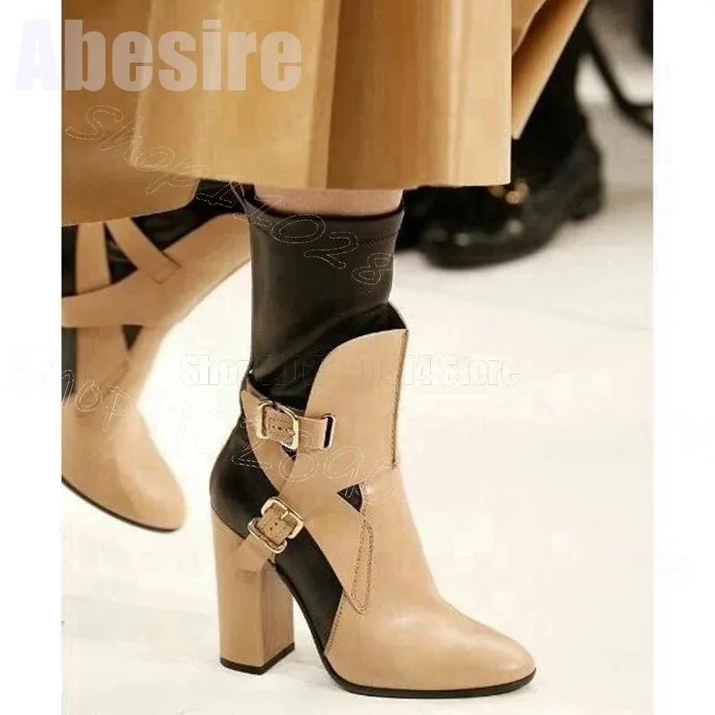 

Brown Buckle Double Monk Pointed Toe Boots Back Zipper Women Shoes Chunky High Heels Party Feast Dating 2025 Zapatos Para Mujere