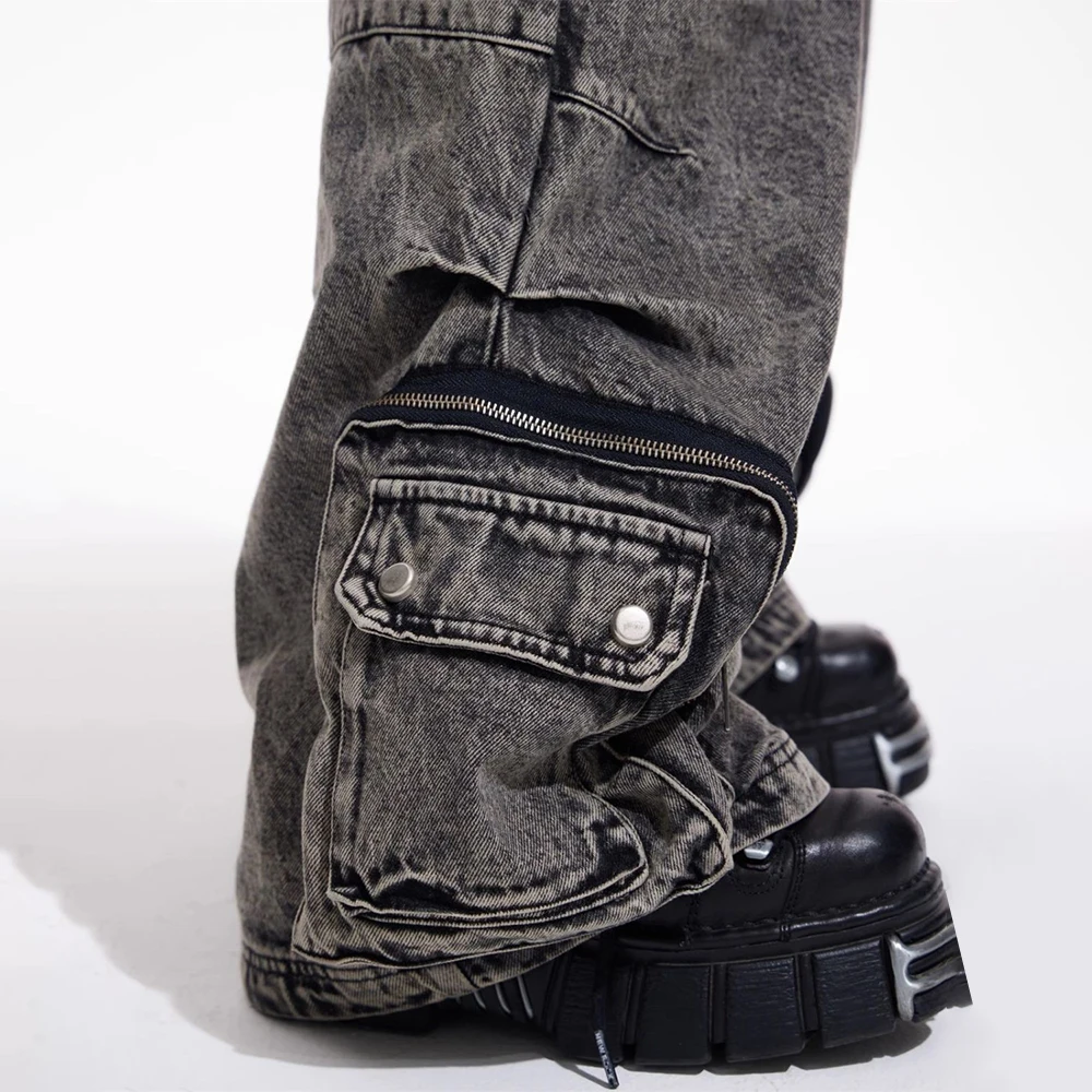 الرجال القوطية الجينز Y2k جيب كبير البضائع الجينز الشارع الشهير موضة اليابانية الشباب الحرم الجامعي واسعة الساق سراويل تقليدية الذكور ملابس للرجال #3