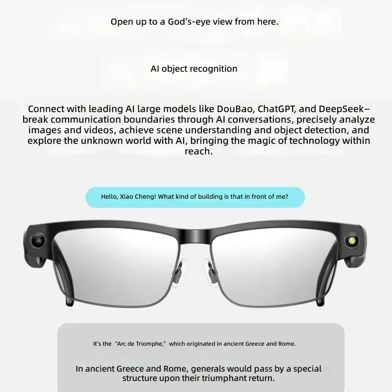 L802 Smart Glasses Metal Frame Photo Camera 8MP AI Image Recognition Video Recording Real Time Translation Hands Free Calling