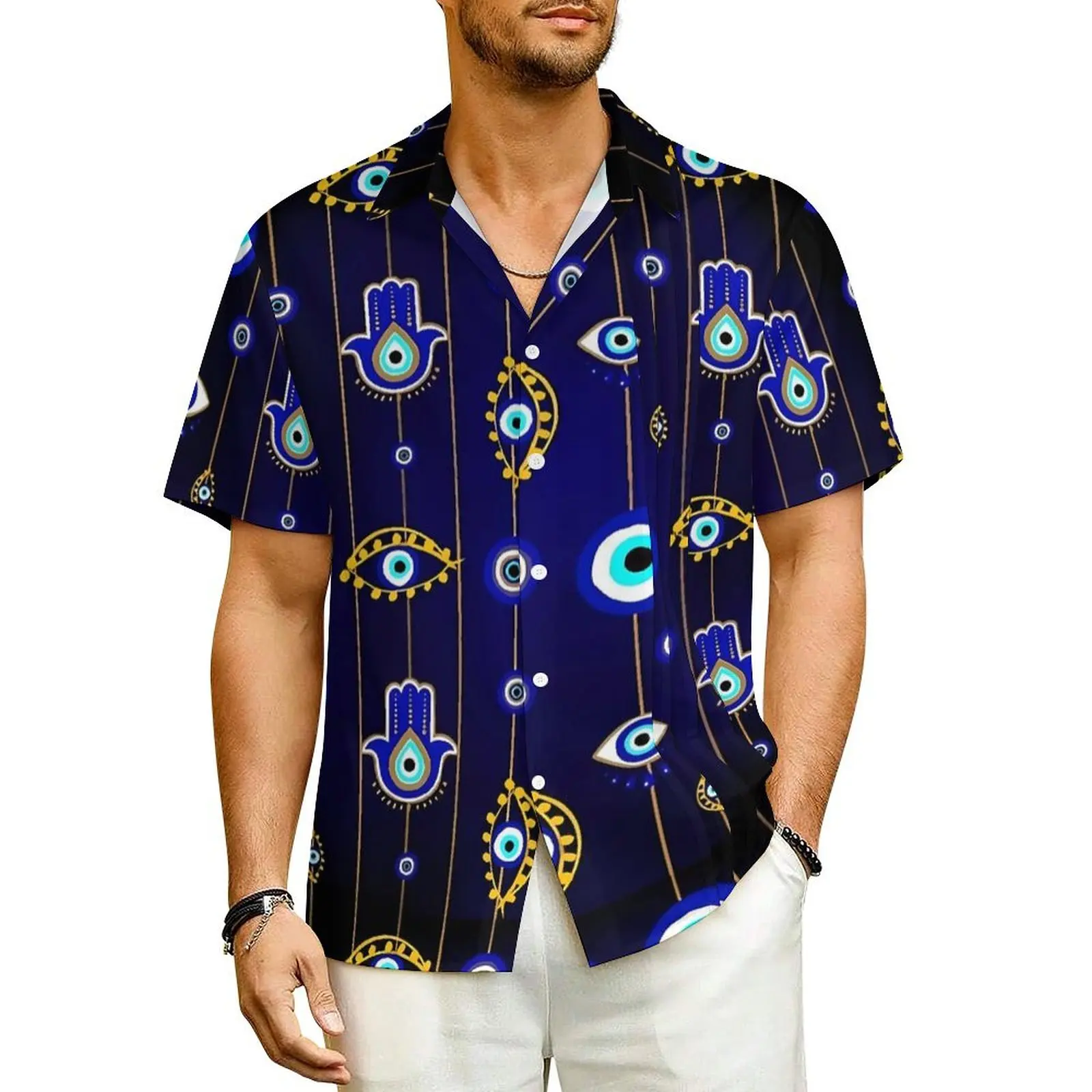 

Evil Eye Hawaii Shirt For Man Vacation Chains Print Casual Shirts Short Sleeve Y2K Funny Design Elegant Plus Size Blouses