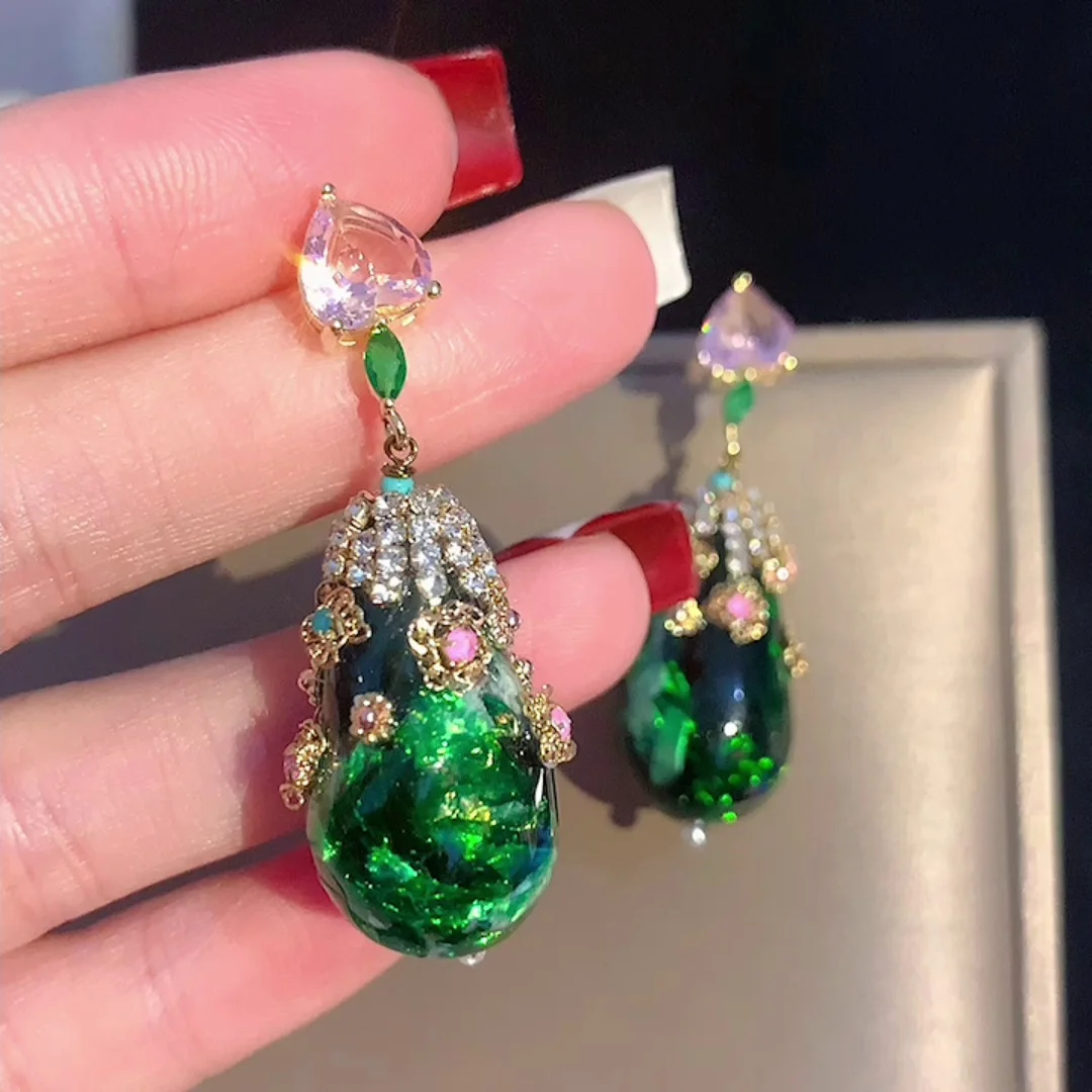 luxury niche hand-style vintage Bohemian green pink zircon earrings teardrop pendant court elegant fine jewelry