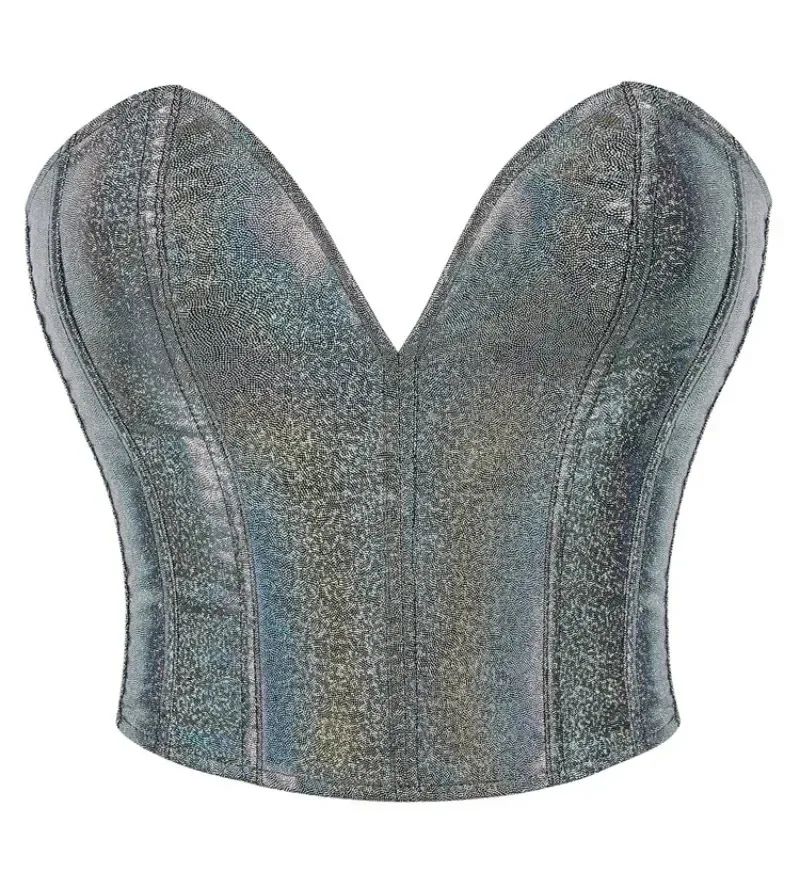 

Блестящий корсет с открытыми плечами, укороченный топ, женский сексуальный бюстье без рукавов с открытой спиной, камзол, серебряный корсет