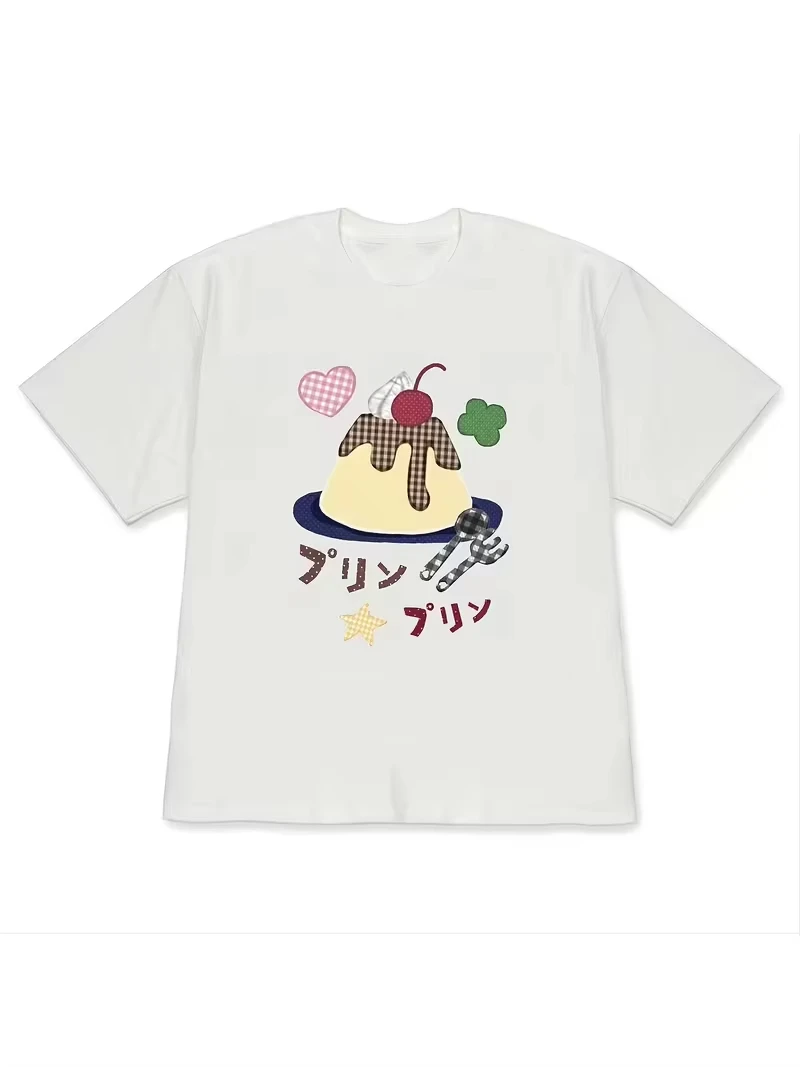 Unisex Cute Summer Pudding Dessert Graphic T‑Shirt Japanese Sweet Food Print Short Sleeve Casual Soft Kawaii Streetwear Tee Top