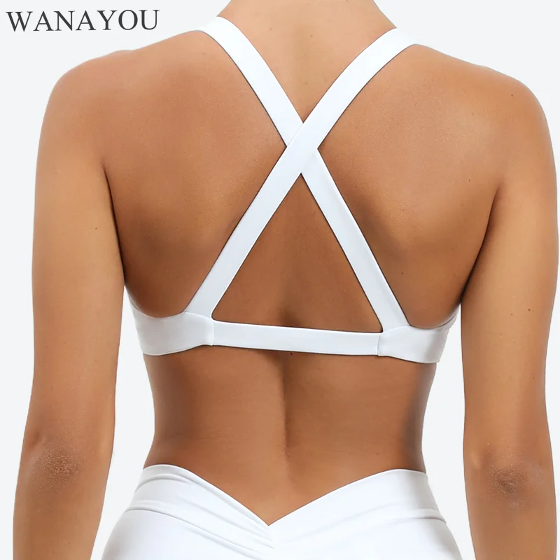 WANAYOU Widen Strpas Women Yoga Bras, Cross Back Sports Bra, Twisted Design Gym Fitness Crop Top Push Up Gathered Workout Bra