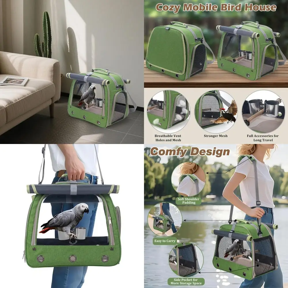 

Bird Carrier Parrot Travel Cage with Perch, Food Bowl, Tray and Breathable Clear Window, Bird Travel Bag for African Gray Cockat