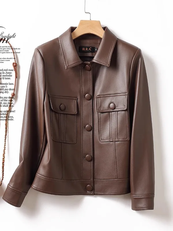  Ning Women's Leather Jaet Cool Sli Wind 2025 New Spring Autumn Small Size Genuine eepskin Biker Collar