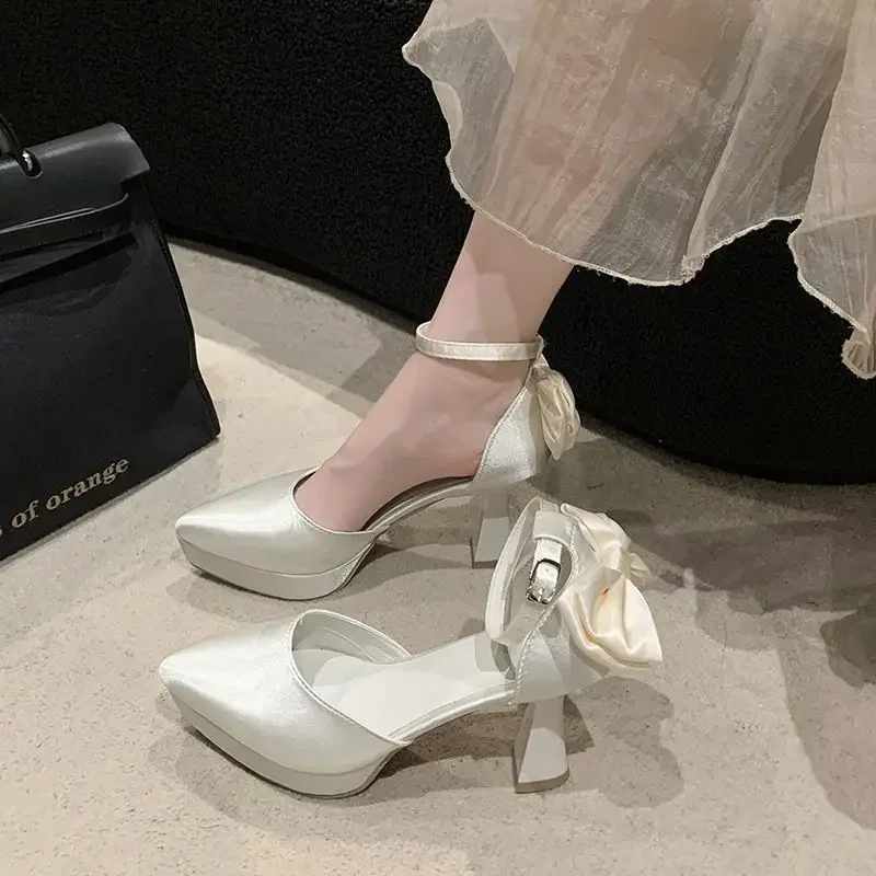 Waterproof Outer Wear High Heel Sandals 2024 Autumn New Style Sweet Versatile With Dress Bow Non-Slip Increased Heel Sandals