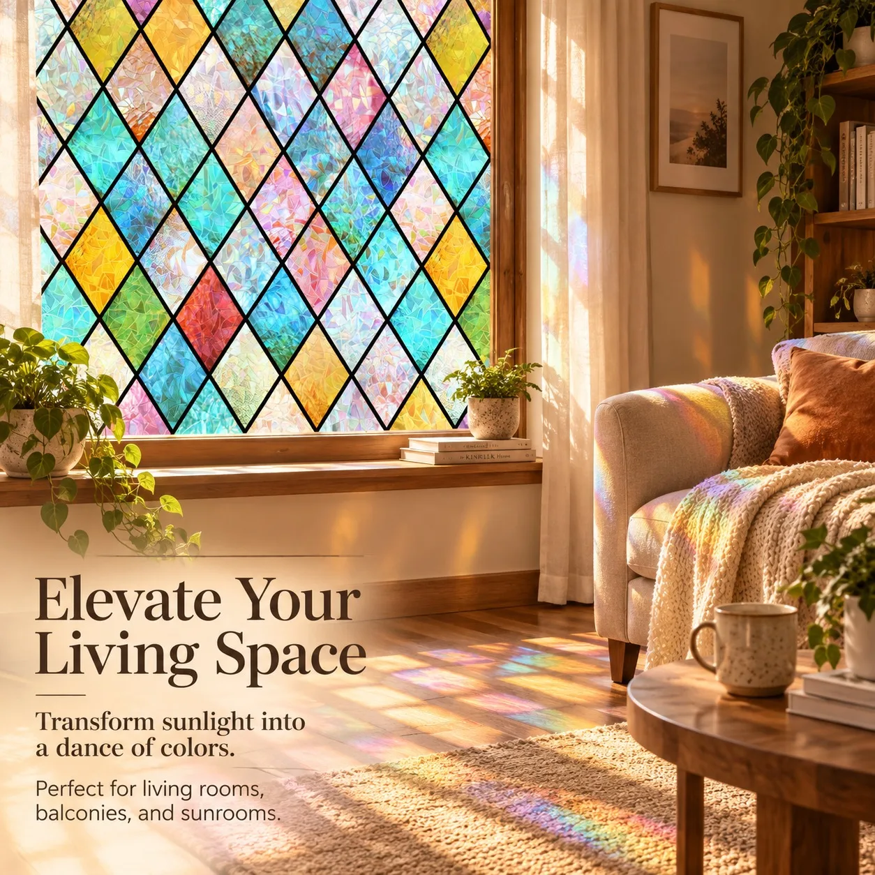 Iridescent Rhombus Art Glass Window Film Stained Glass Privacy Translucent Laser Light Refraction Rainbow Cathedral Decor