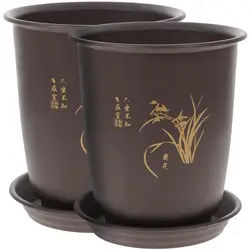 2 Sets Orchid Pots Plastic Imitation Porcelain Flowerpot Planter with Trays Durable and Lightweight Plant Nursery Pots